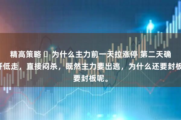 精高策略 ​为什么主力前一天拉涨停 第二天确低开低走，直接闷杀，既然主力要出逃，为什么还要封板呢。